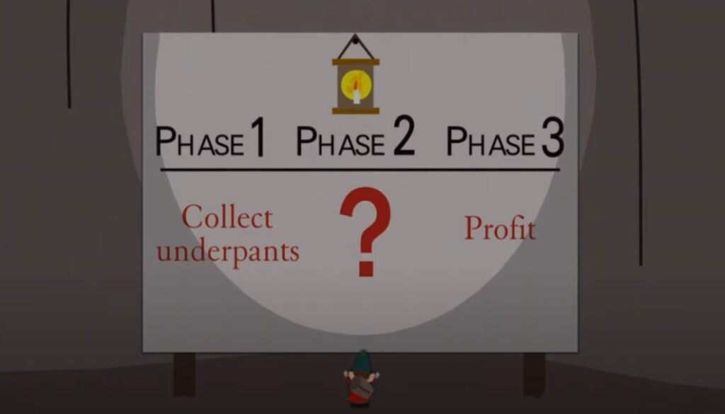 Underpants gnomes are a classical example of entrepreneurship gone wrong.