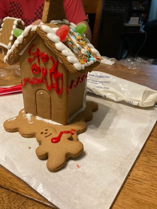 Frugal holiday ideas can still be fun - and terrifying. My husband's gingerbread stay out house with a gingerbread man who bled out from a gunshot wound.