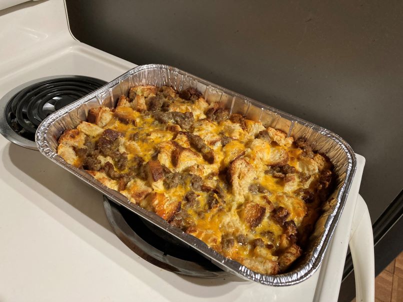 My favorite frugal holiday recipe idea for Christmas morning - sausage, cheese, and toast casserole.