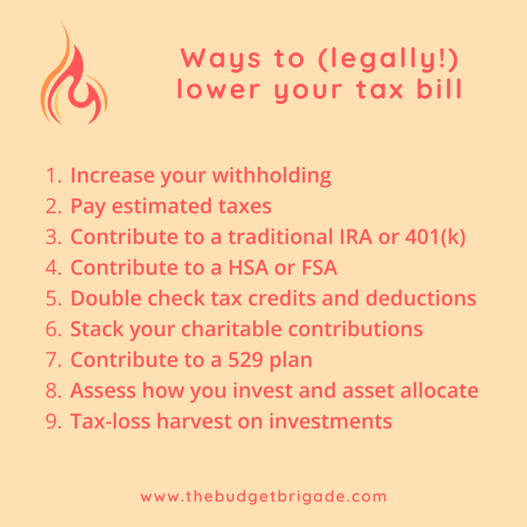 Summary of nine ways to legally lower your 1040 tax bill to the IRS.