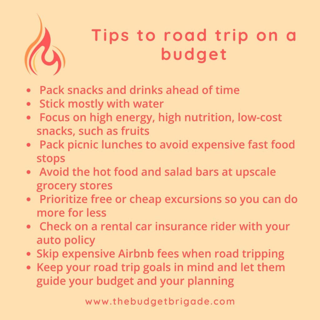 Summary of tips to road trip on a budget covered below.