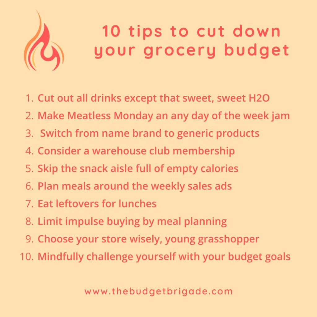 Summary on how to cut down your grocery bill with 10 quick tips to lower your budget.