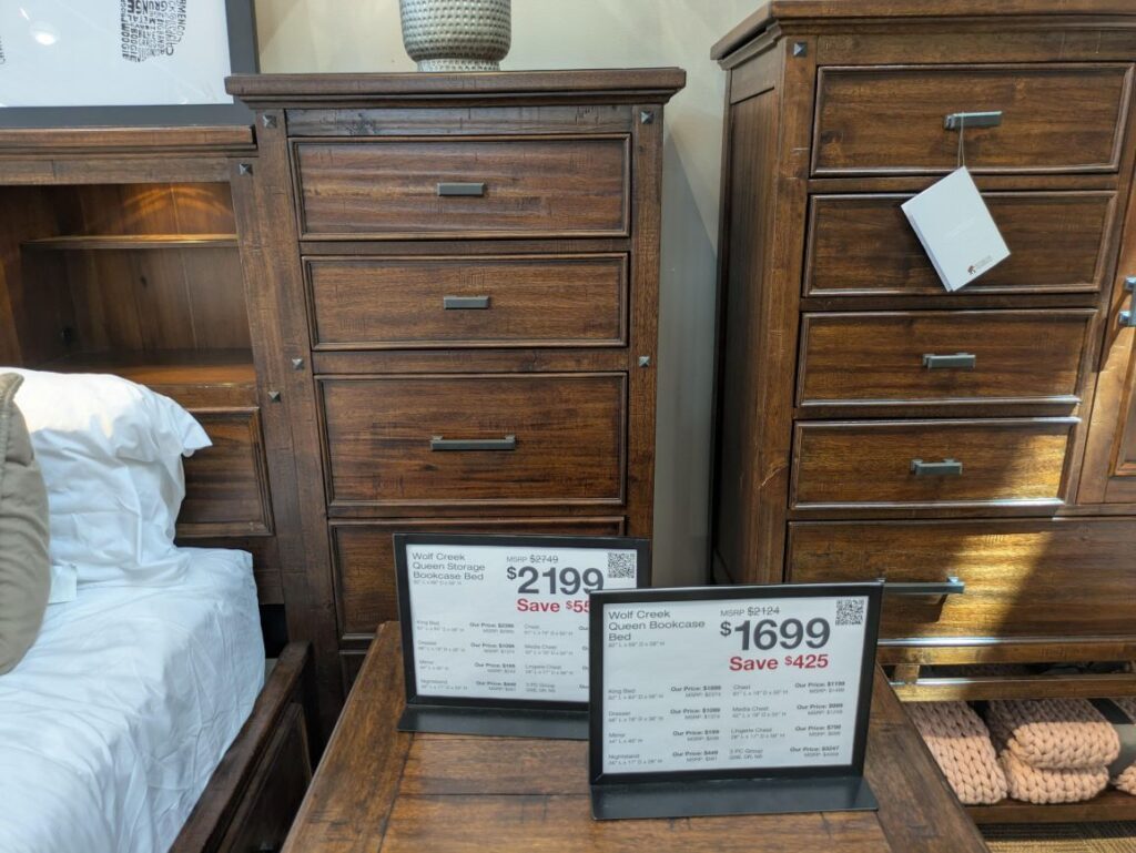 Pricing for the first bedroom furniture set we looked at, the Wolf Creek set.