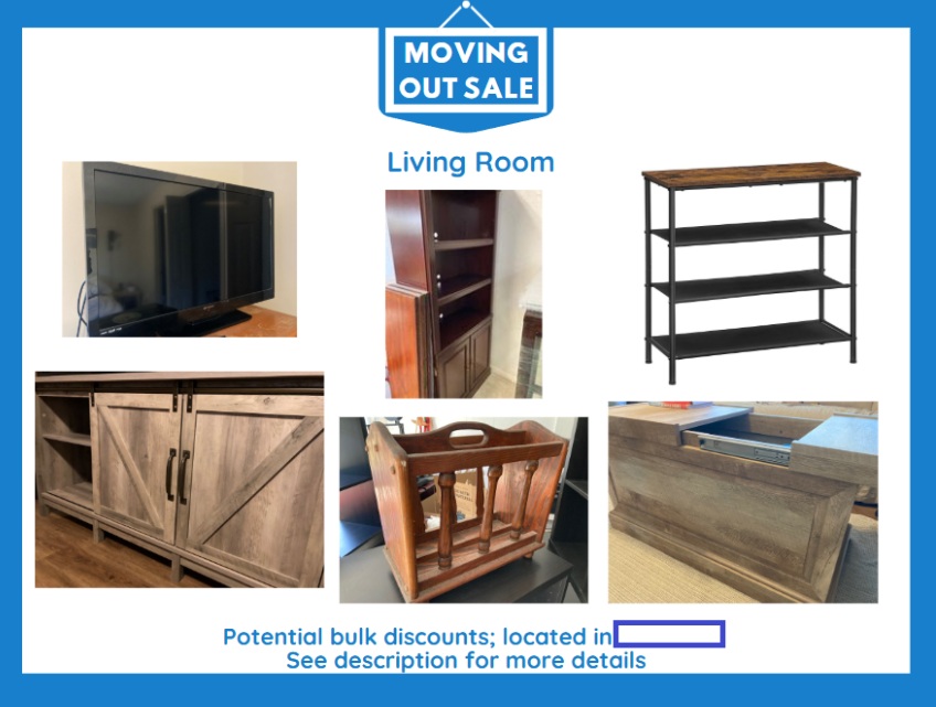 An example listing photo from my successful virtual garage sale on Facebook Marketplace that shows how I categorized items by type/room.