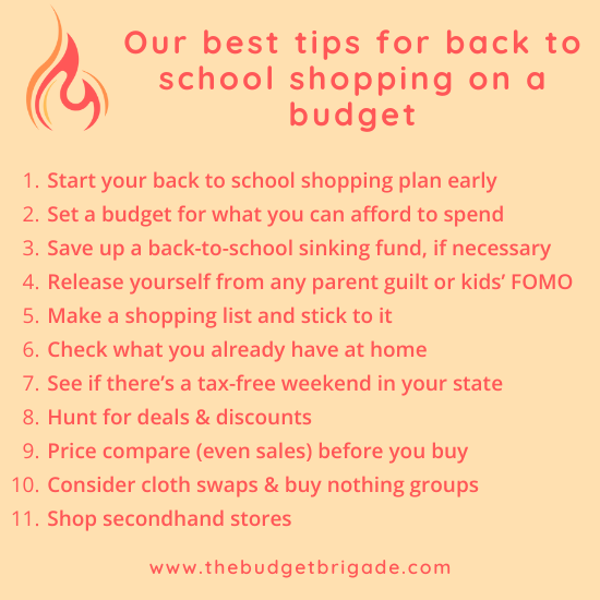 Summary list of our 11 best tips for back to school shopping on a budget